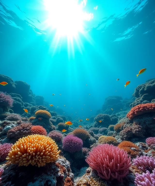 Ein gesundes und farbenfrohes Korallenriff, durch das Sonnenstrahlen dringen.